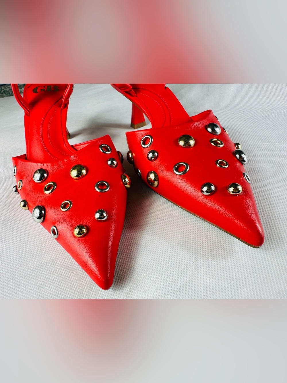Gianni Bini Red Pointed-Toe Studded Slingback Heels - Picture 2 of 11